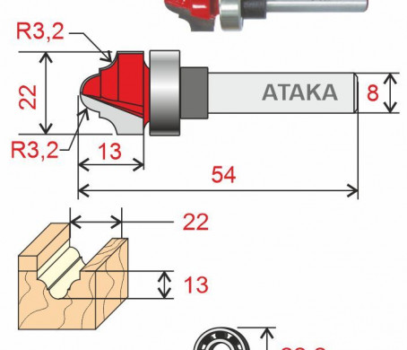 Фреза Атака пазовая фасонная D19/ф8/H14