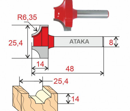 Фреза Атака пазовая фасонная D25,4/ф8/H14